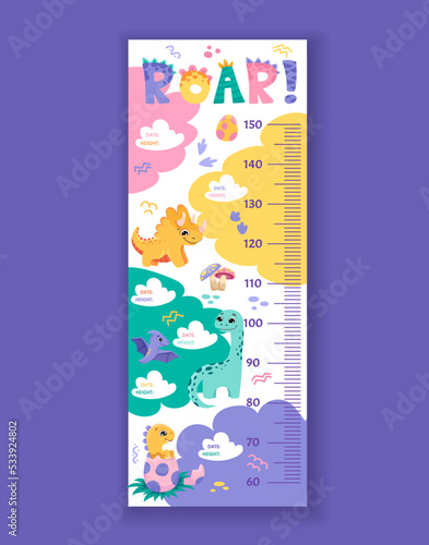 Kids height chart with different dinosaurs, stegosaurus, triceratops. Meter wall or Growth ruler with space for notes date and height information. Vector cartoon children illustration