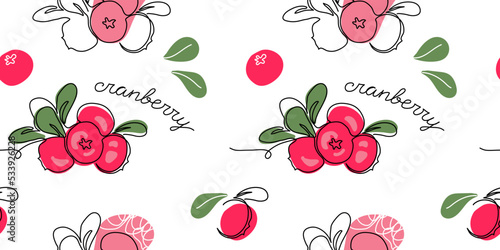 Cranberry, cowberry vector pattern. One continuous line art drawing cranberries pattern