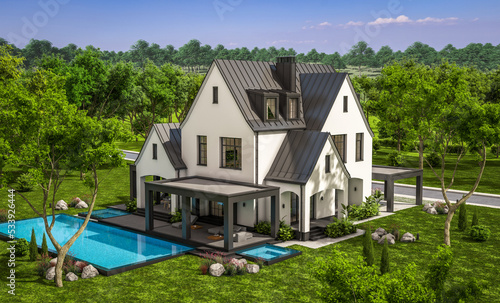 3d rendering of cute cozy white and black modern Tudor style house with parking  and pool for sale or rent with beautiful landscaping. Fairy roofs. Clear sunny summer day with blue sky. © korisbo