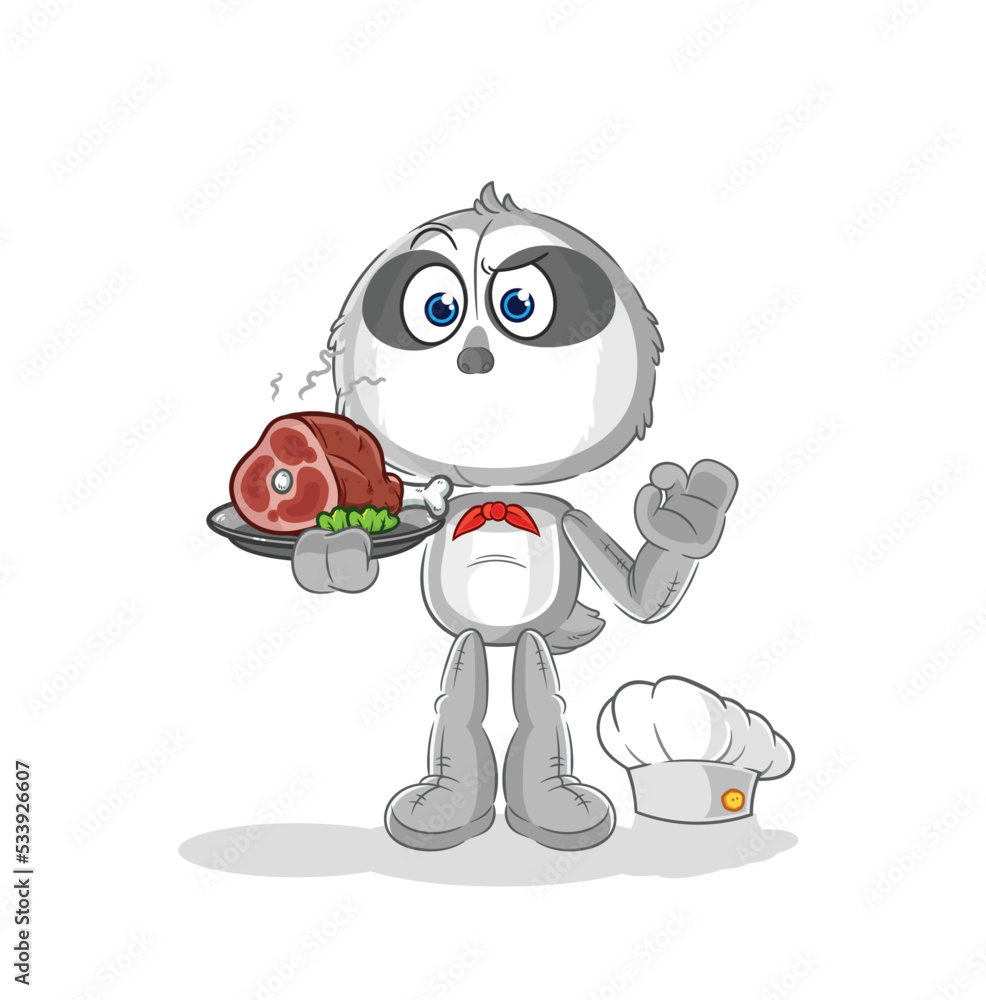 sloth chef with meat mascot. cartoon vector sloth chef with meat mascot. cartoon vector