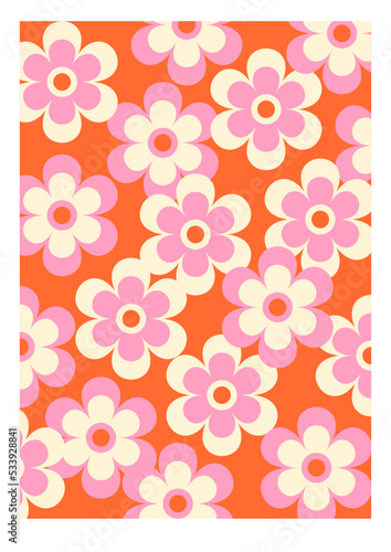 Abstract daisy flowers poster. Groovy trippy funky style. Floral shapes. Aesthetic wall art in trendy pallete. Psychedelic summer bright decoration.