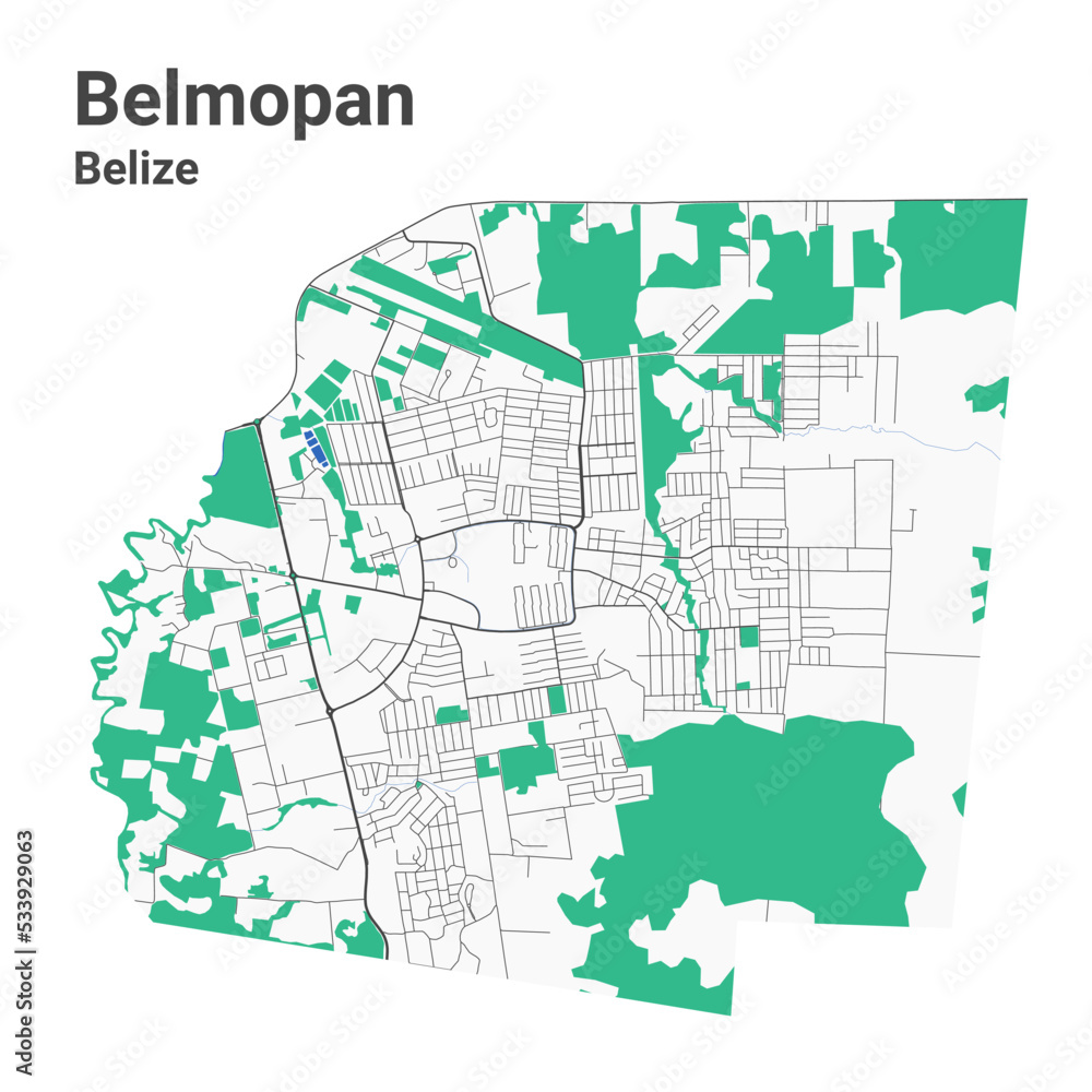 Belmopan vector map. Detailed map of Belmopan city administrative area. Cityscape panorama illustration. Road map with highways, streets, rivers.