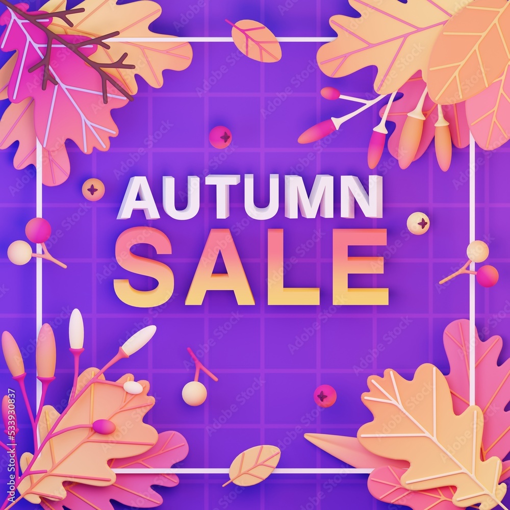Autumn Sale Banner Design with Colorful Leaves. 3d Render