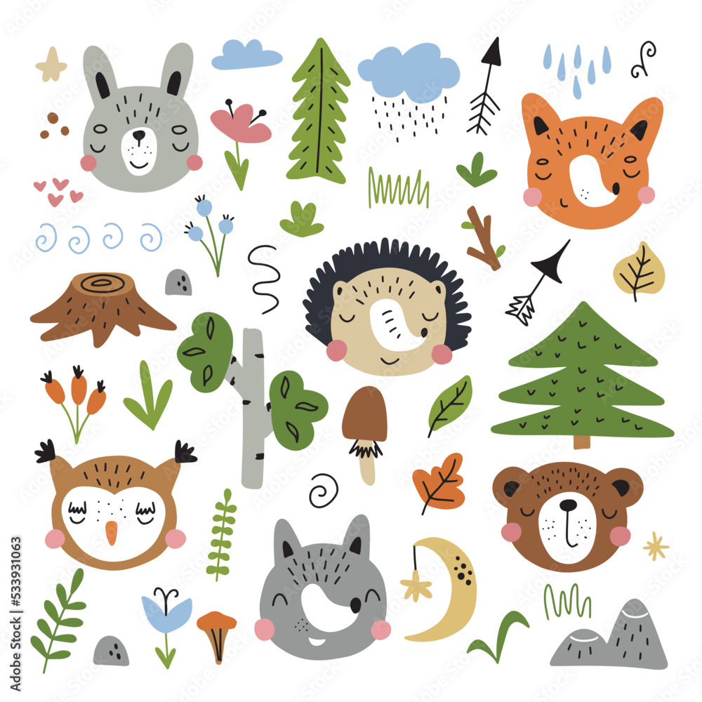 Naklejka premium Scandinavian animals set. Drawn by hand. Doodle cartoon animals with elements of the forest and the gifts of nature for children's posters, postcards, children's t-shirts. Vector illustration.