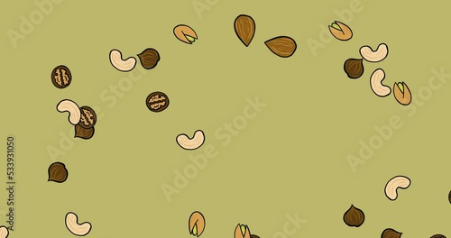 Walnuts, cashew nuts, pistachios, hazelnuts and almonds falling down on white green. Cartoon motion animation. 4K resolution.