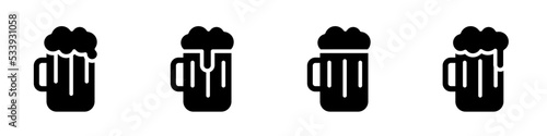 Conjunto de icono de cerveza. Jarra de cerveza con espuma, estilo silueta negro. Concepto de bar y bebida alcohólica. Ilustración vectorial