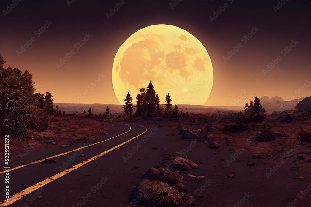 Obraz premium A full moon shines down on a deserted road.