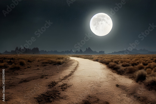 A full moon shines down on a deserted road.  photo