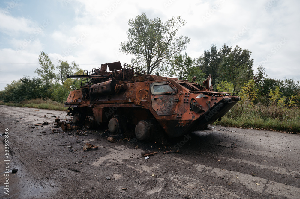 Fototapeta premium war in Ukraine, burnt Russian equipment near Kharkiv in Ukraine