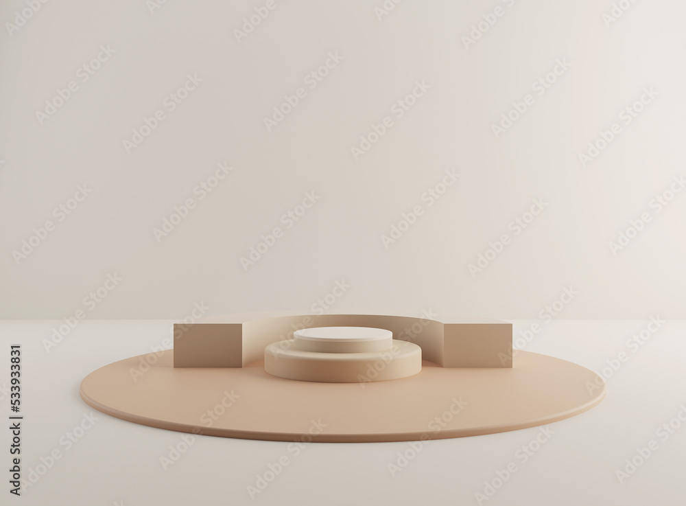 Empty cylinder podium on minimal background. Abstract minimal scene with geometrical forms. Design for product presentation. 3D rendering. Empty cylinder podium on minimal background. Abstract minimal scene with geometrical forms. Design for product presentation. 3D rendering.