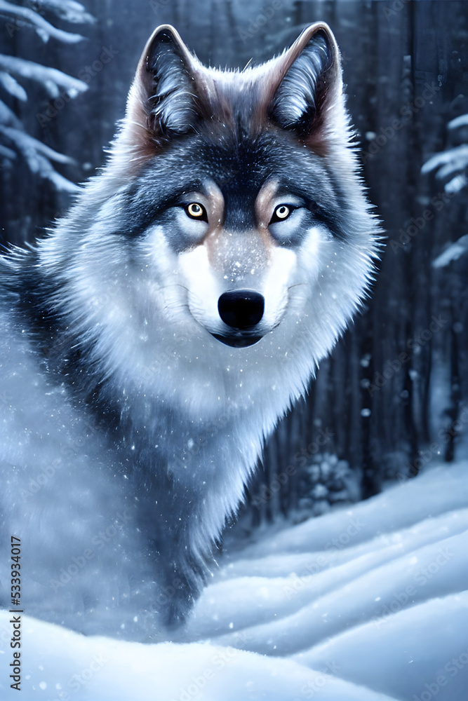 A magnificent wolf in ta snowy winter forest. 