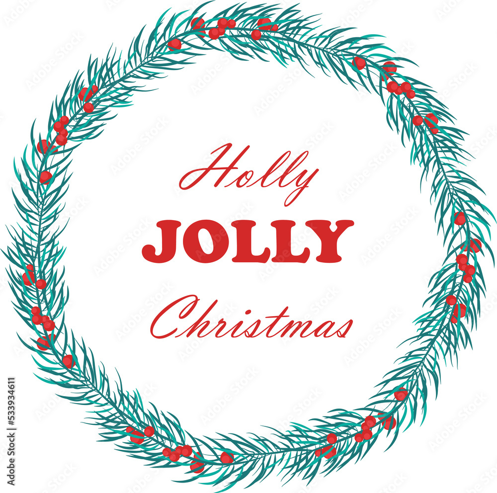 Sticker with different inscriptions Merry Christmas. Happy New Year 2023. Design of a round greeting card, stickers, emblems, tags with text and a fir wreath of berries on a transparent background.