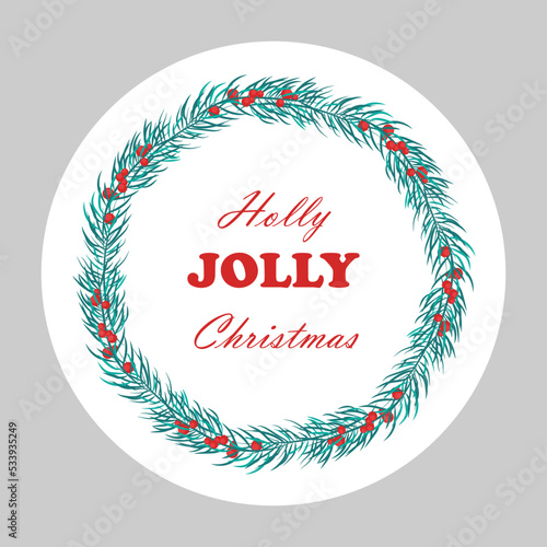 A set of stickers with different inscriptions Merry Christmas. Happy New Year 2023. Vector design of a round greeting card, stickers, emblems, tags with text and a fir wreath with berries