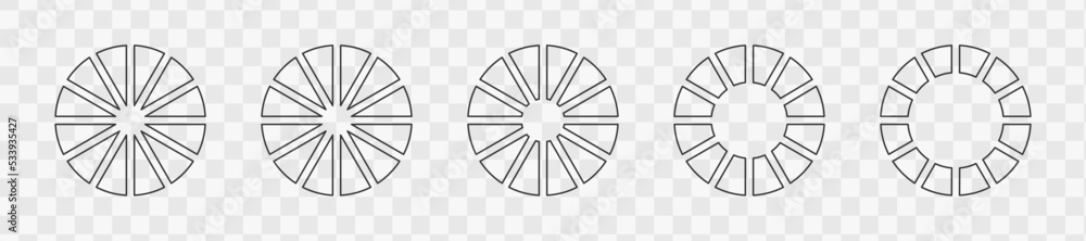 Outline donut charts or pies segmented on 12 equal parts. Set of ...