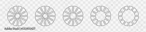 Outline donut charts or pies segmented on 12 equal parts. Set of infographic wheels divided in twelve sections. Circle diagrams or loading bars on transparent background. Vector graphic illustration