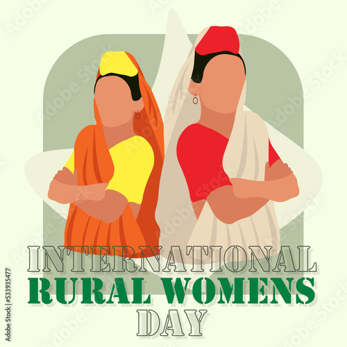 International rural womens day on 15th october, two indian village girls characters with typography and abstract frame, vector illustration poster and banner design