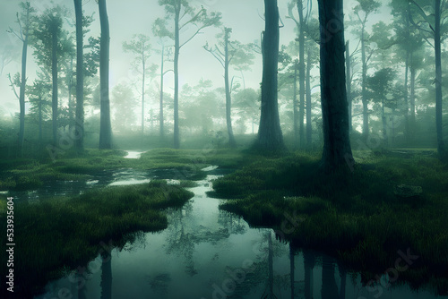 A foggy swamp. Dark and mysterious. 