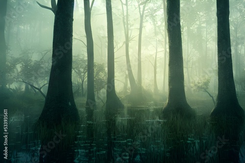 A foggy swamp. Dark and mysterious. 