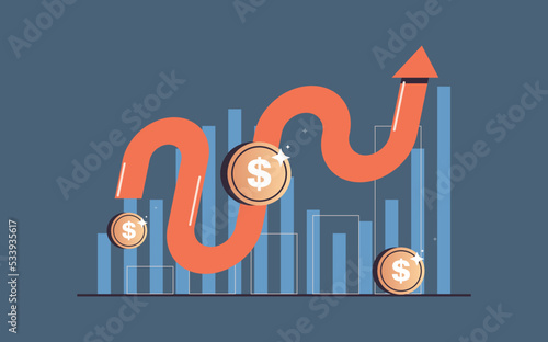 Growing arrow and business growth or effectrive startup strategy, company statistics, sales analysis, financial investment concept flat vector illustration.