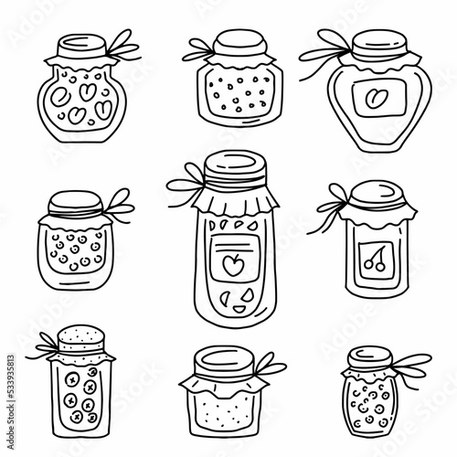 Vector set of glass jars with jam. Preservation of berries