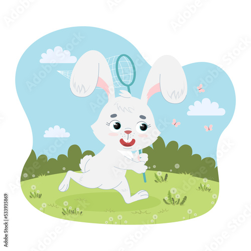 A funny white rabbit with a net catches butterflies. Summer character, active rest. Small season vector illustration in flat cartoon style.