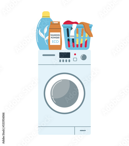 Concept of eco-friendly laundry. Washing machine and laundry basket. Soap powder for washing. Linen conditioner. Concept of washing clothes. Isolated flat vector illustration.