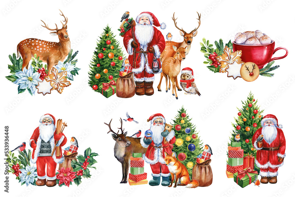Fototapeta premium Set watercolor Santa Claus and animal isolated on white background. New year, Christmas holiday.