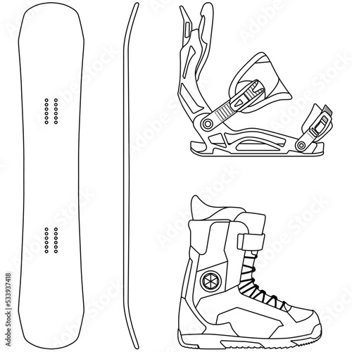 Snowboard, Snowboarding equipment set snowboard board, Snowboard bindings and Snowboard boots sketch drawing, contour lines drawn