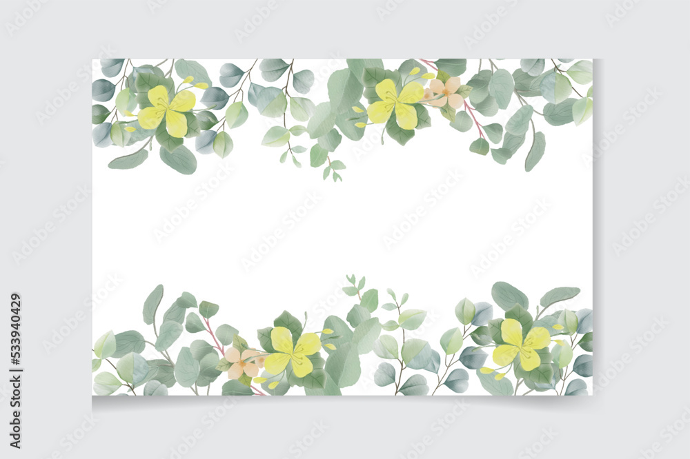 Watercolor vector card with green eucalyptus leaves and meadow plants.