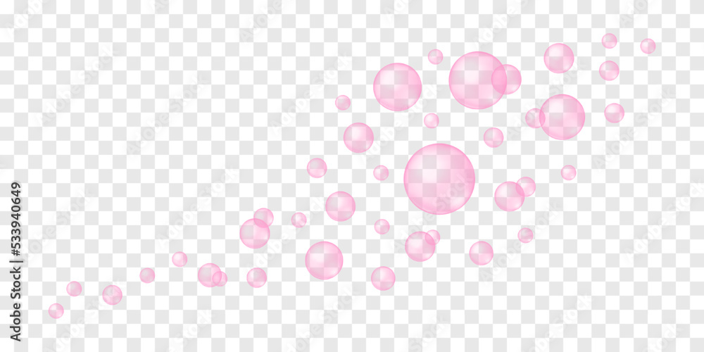 Pink bubbles flying or foating. Soap foam, bath suds, cleanser texture on transparent background. Fizzy cherry or strawberry carbonated drink, champagne, sparkling wine. Vector realistic illustration Pink bubbles flying or foating. Soap foam, bath suds, cleanser texture on transparent background. Fizzy cherry or strawberry carbonated drink, champagne, sparkling wine. Vector realistic illustration