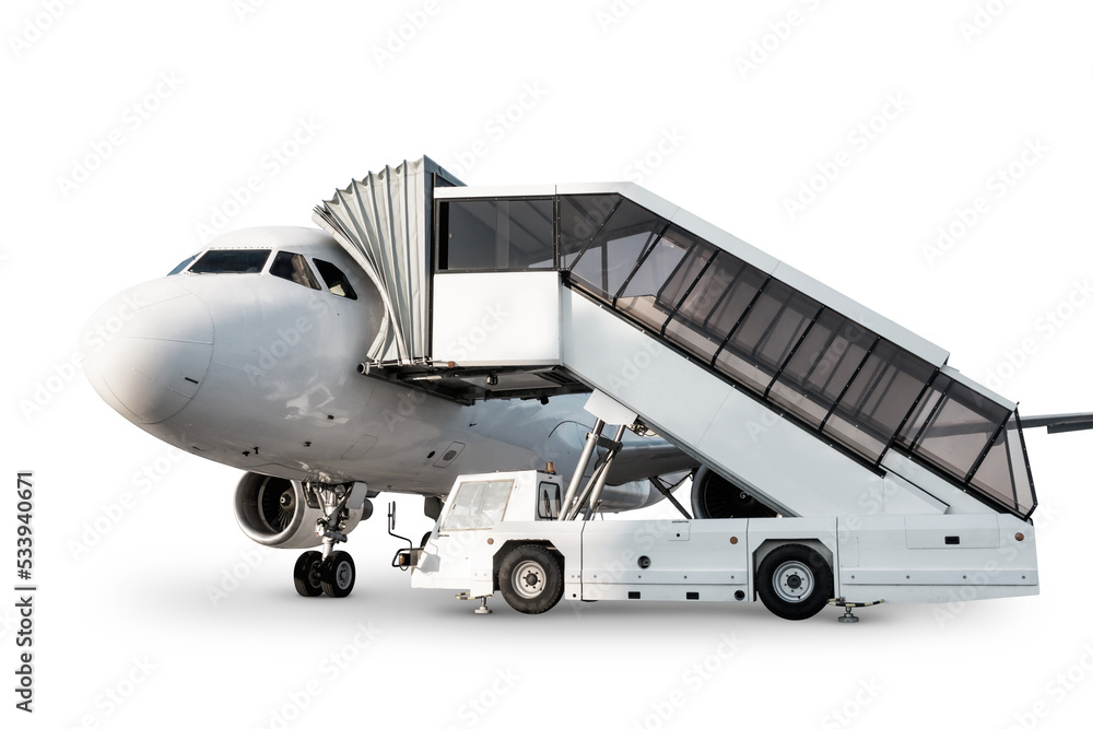 Passenger airplane with air-stairs isolated on transparent background