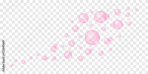 Pink bubbles flying or foating. Soap foam, bath suds, cleanser texture on transparent background. Fizzy cherry or strawberry carbonated drink, champagne, sparkling wine. Vector realistic illustration