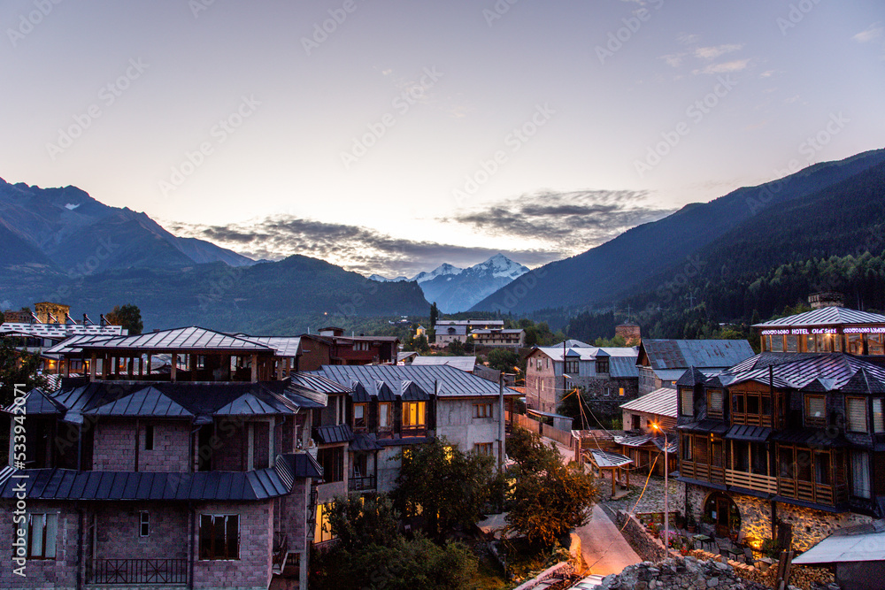 Mestia city landscape overlooking the Caucasus Mountains, Georgia
