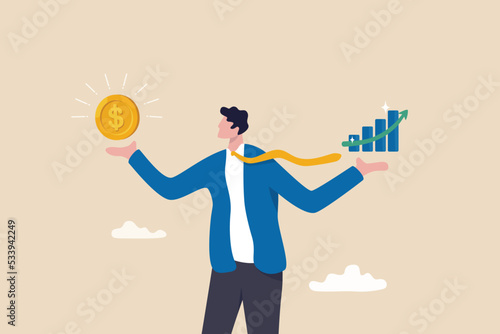 Value stock vs growth stock, comparison between investing style, professional choosing asset for earning or profit in market concept, businessman compare between value and growth stock in his hand.