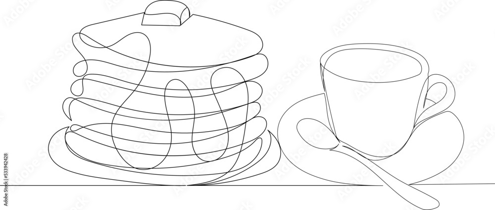 pancakes with tea one line drawing, sketch, isolated vector pancakes with tea one line drawing, sketch, isolated vector