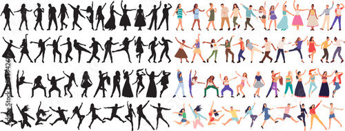 set of people dancing silhouette on white background