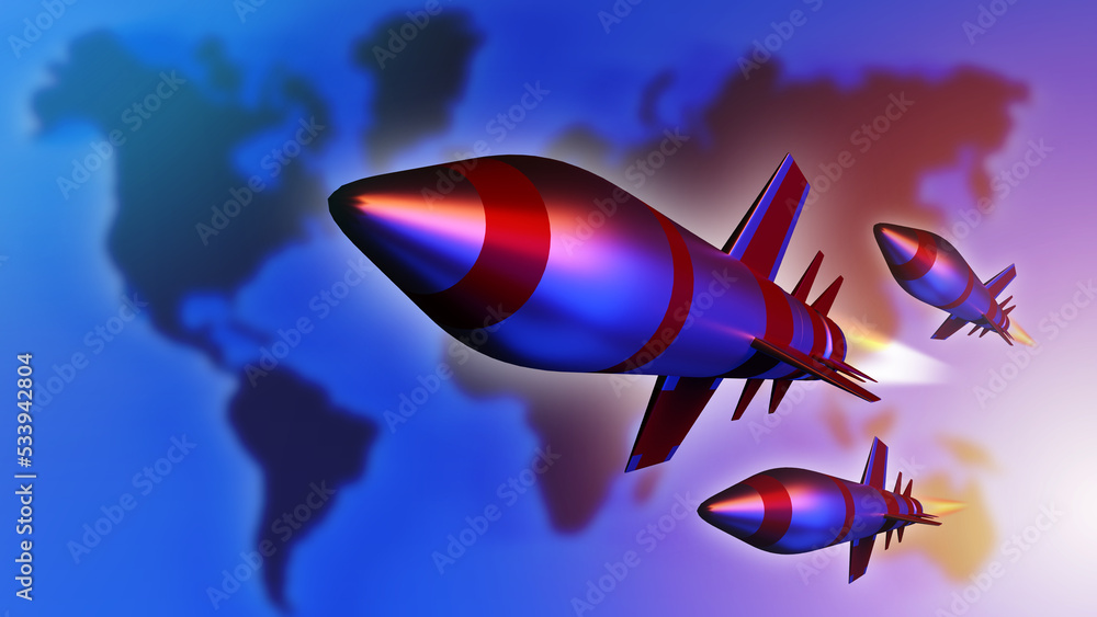 Nuclear confrontation and world map. Rockets over world map. Launching nuclear weapon. Ballistic missiles fly towards target. Nuclear alert concept. Military missile weapons. ICBM attack. 3d image. Nuclear confrontation and world map. Rockets over world map. Launching nuclear weapon. Ballistic missiles fly towards target. Nuclear alert concept. Military missile weapons. ICBM attack. 3d image.