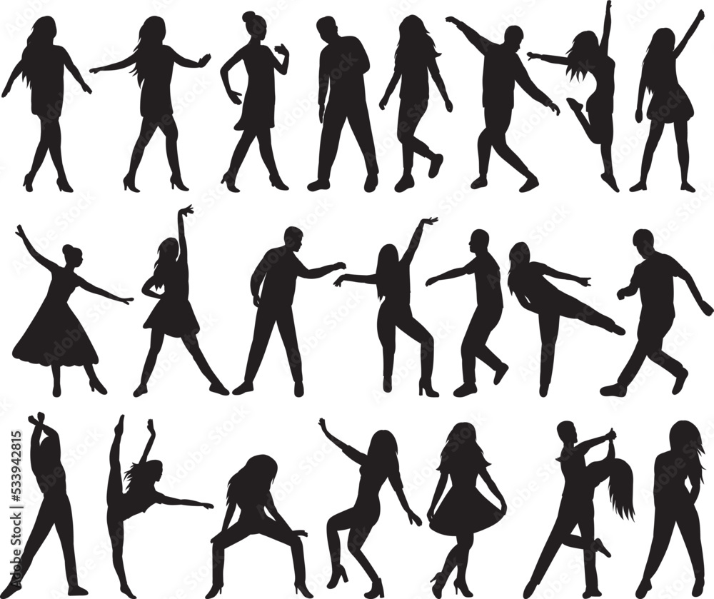 Obraz premium set of people dancing silhouette on white background isolated vector