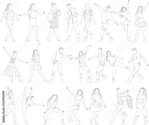 set of people dancing sketch ,contour on white background isolated vector