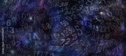 Fotografie Cosmic Night Sky and Chaotic Numbers - numerology concept of dark outer space ba
