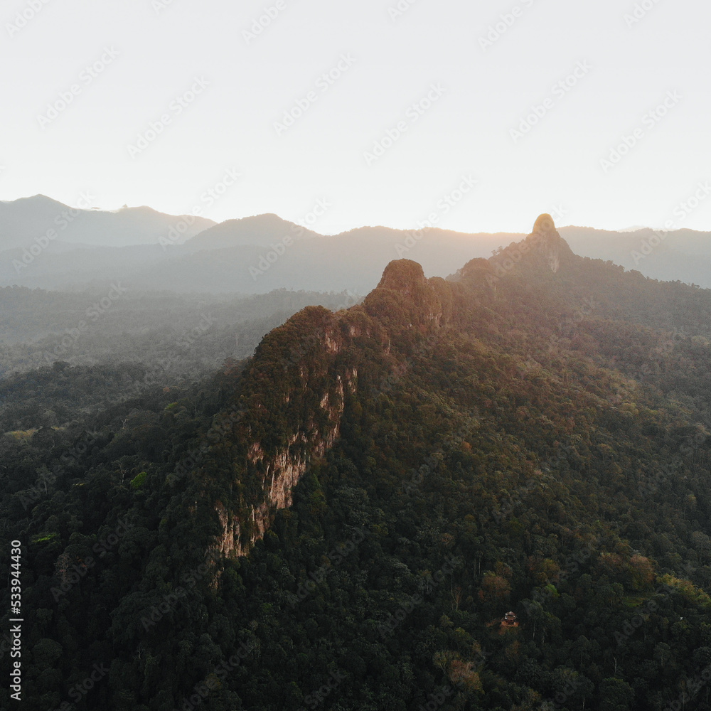 Obraz premium Aerial view sunrise at Bukit Tabur hill, Malaysia. Famous hill for hiking