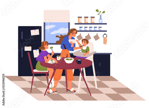 Mother, nurse, babysitting feeding children in the kitchen. Daycare, babysitting. Mom and kids having a meal. Flat vector illustration.