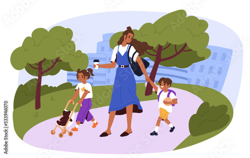 Mother, nurse, babysitting walking with children in the kitchen. Daycare, babysitting. Mom and kids strolling in the park. Flat vector illustration.
