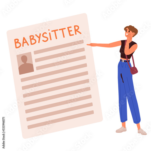 Nurse, babysitter cv, job vacancy. Childcare service. Day care, help with kids ad, banner. Flat vector illustration.