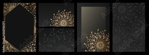 Modern luxury wedding invitation card set. Elegant brown and beige mandala on dark grey background, geometric frame and floral texture. Covers, and card vector templates.