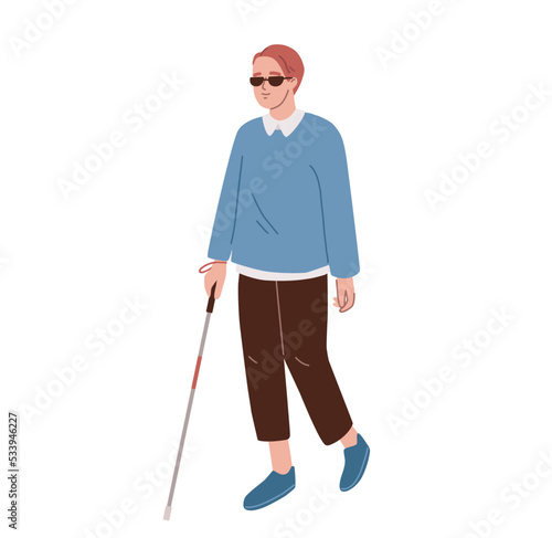 Blind man wearing black glasses, walking with a stick. Flat vector illustration.