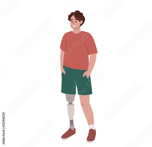 Man with leg prosthesis standing. Disabled person without leg. Flat vector illustration.

