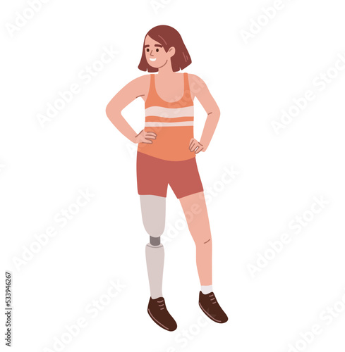 Young woman with leg prosthesis standing. Disabled person without leg.  Flat vector illustration.