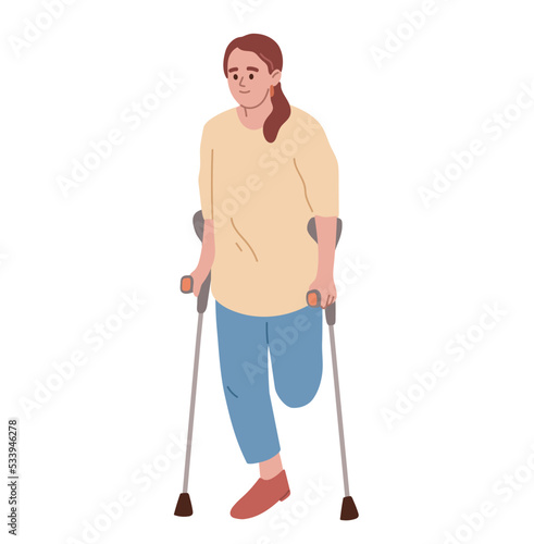 Young woman without leg on crutches. Disabled person without leg. Limb amputation. Flat vector illustration.