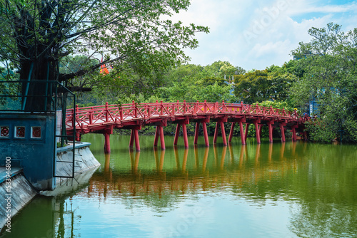 The Huc Bridge is a bridge in Hoan Kiem Lake, Hanoi, the capital of Vietnam. It connects Hoan Kiem Lake to the small island where Ngoc Son Temple is located. The bridge was built by Nguyen Van Sieu in photo
